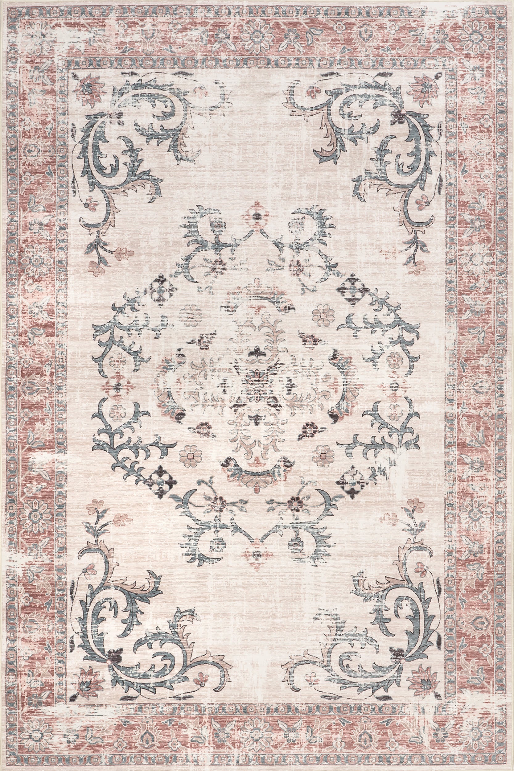 Faded Wreath Spill Proof Washable Rug | Light Grey