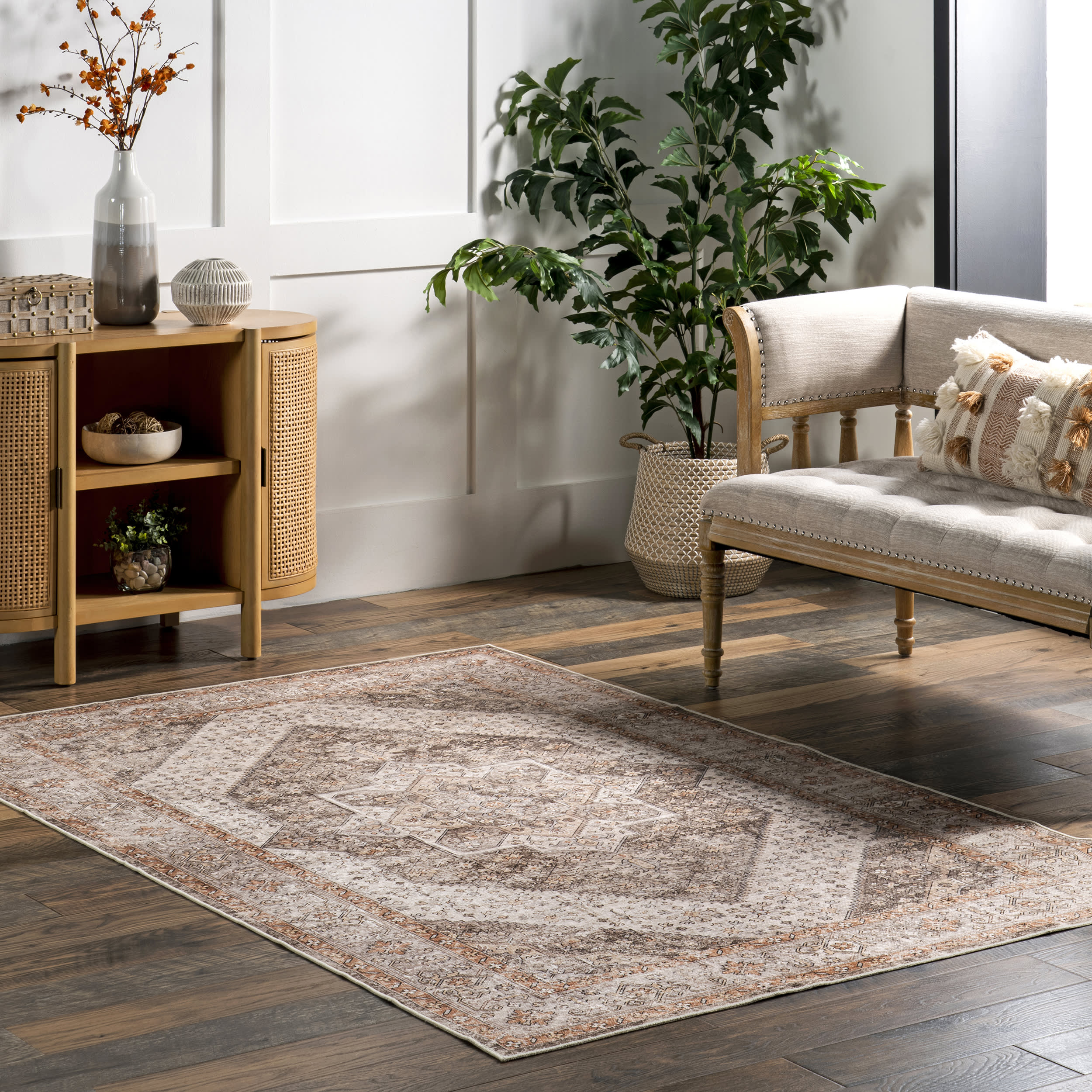Mandi Vintage Floral Spill Proof Washable Rug | Brown - Image 2