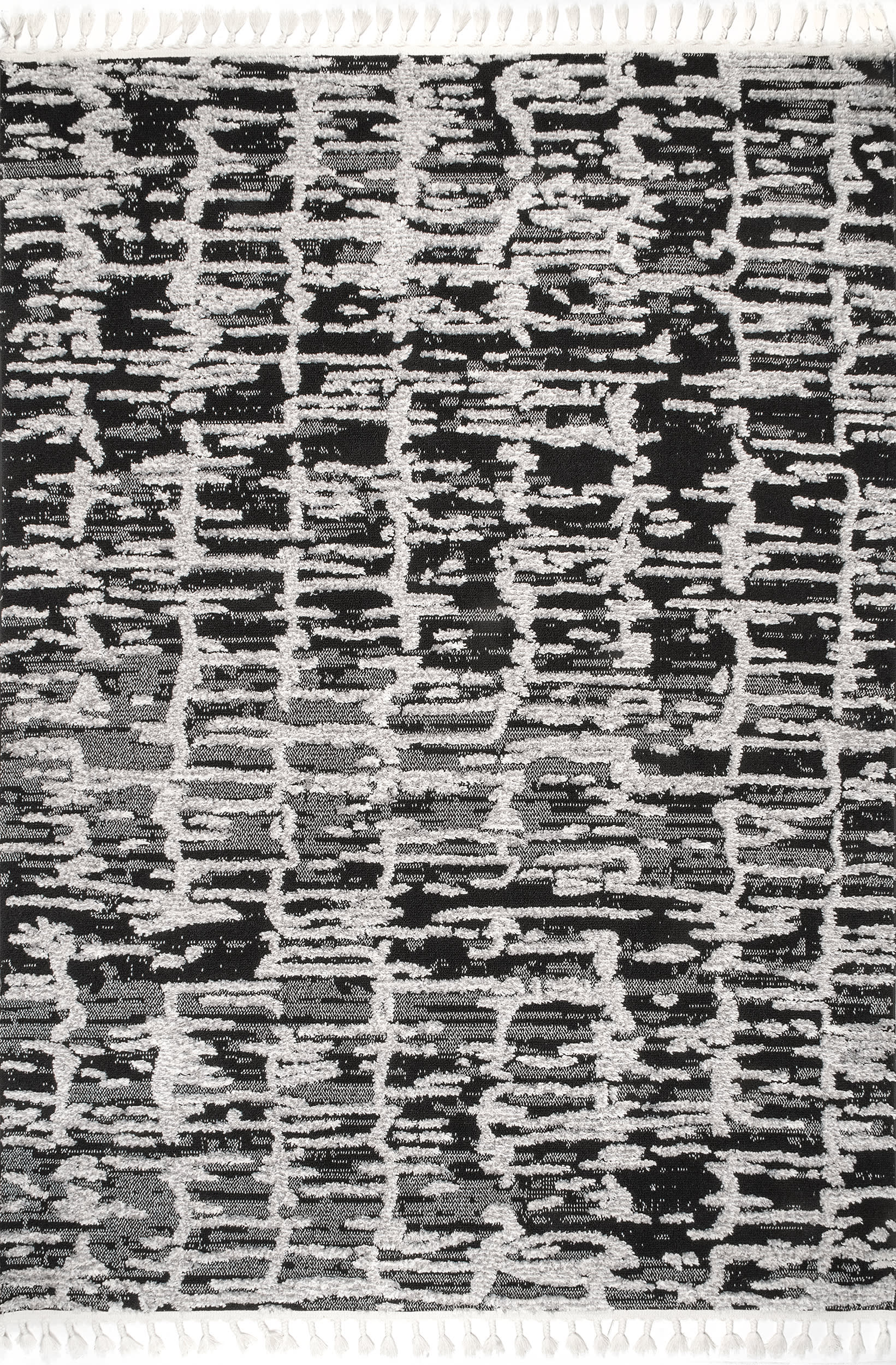 Textured Abstract Tasseled Rug | Light Grey