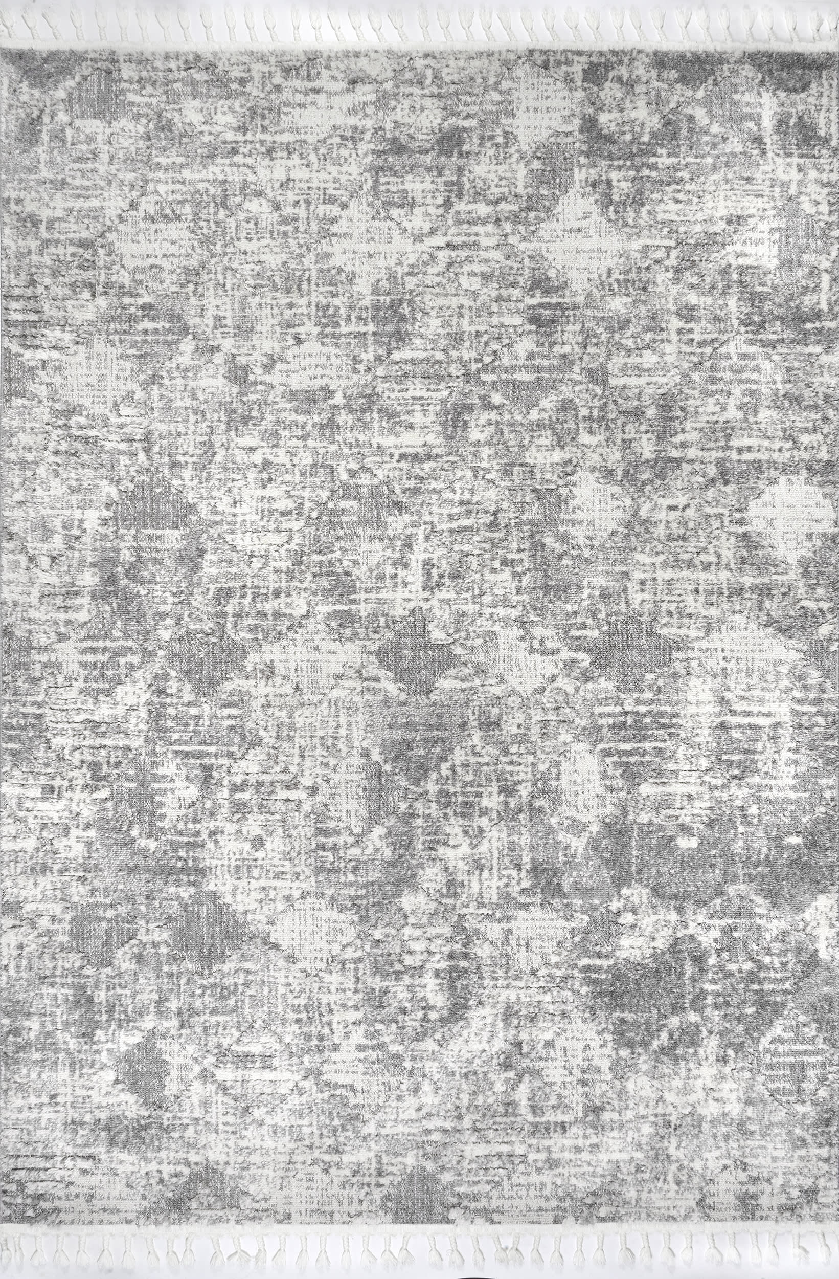 Textured Herringbone Tasseled Rug | Light Grey